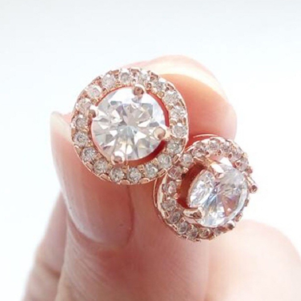 Rose Gold CZ Round Halo Earrings - Picture 1 of 6